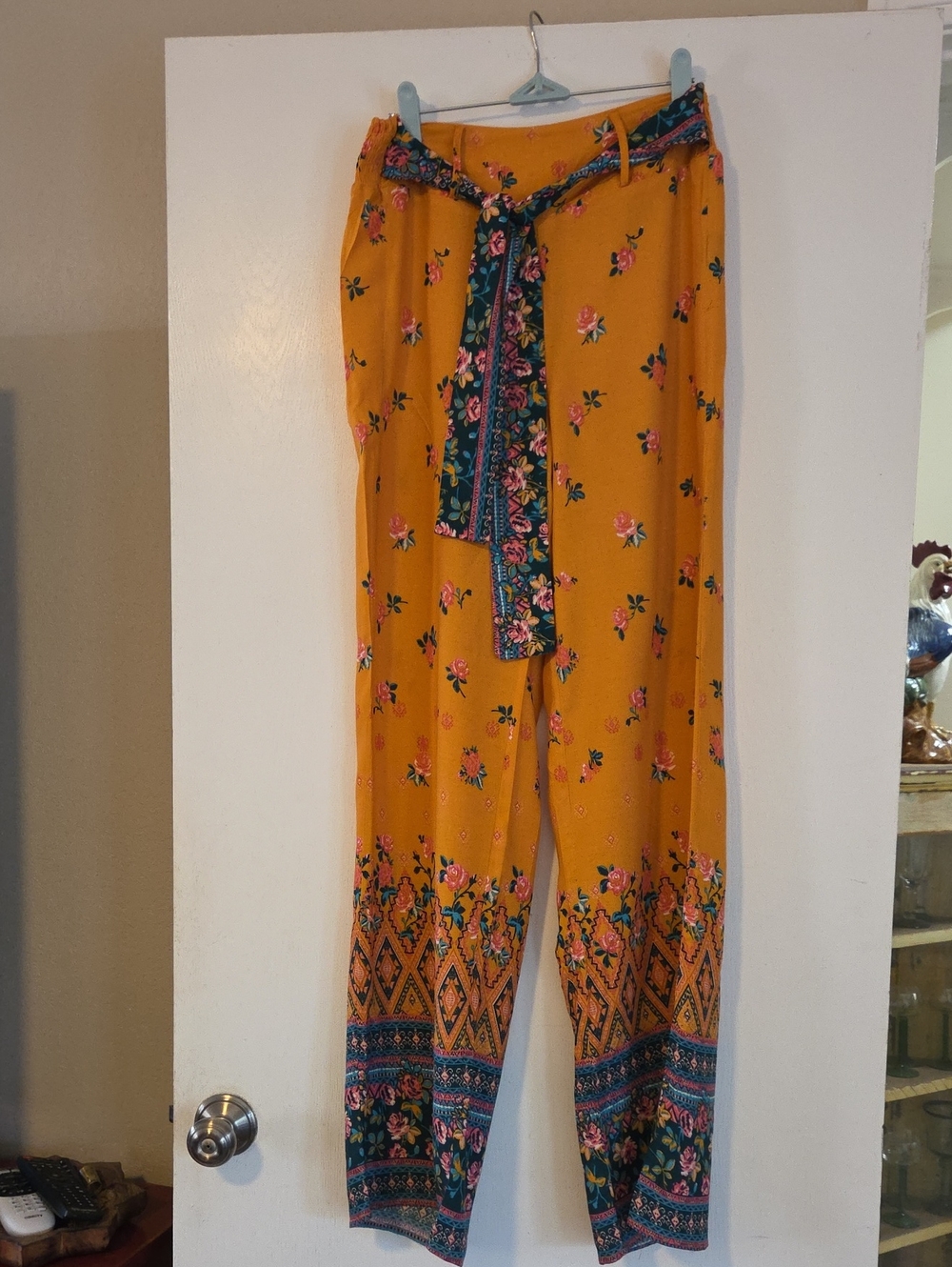 Boho Floral Tie-Waist Pants - Mustard